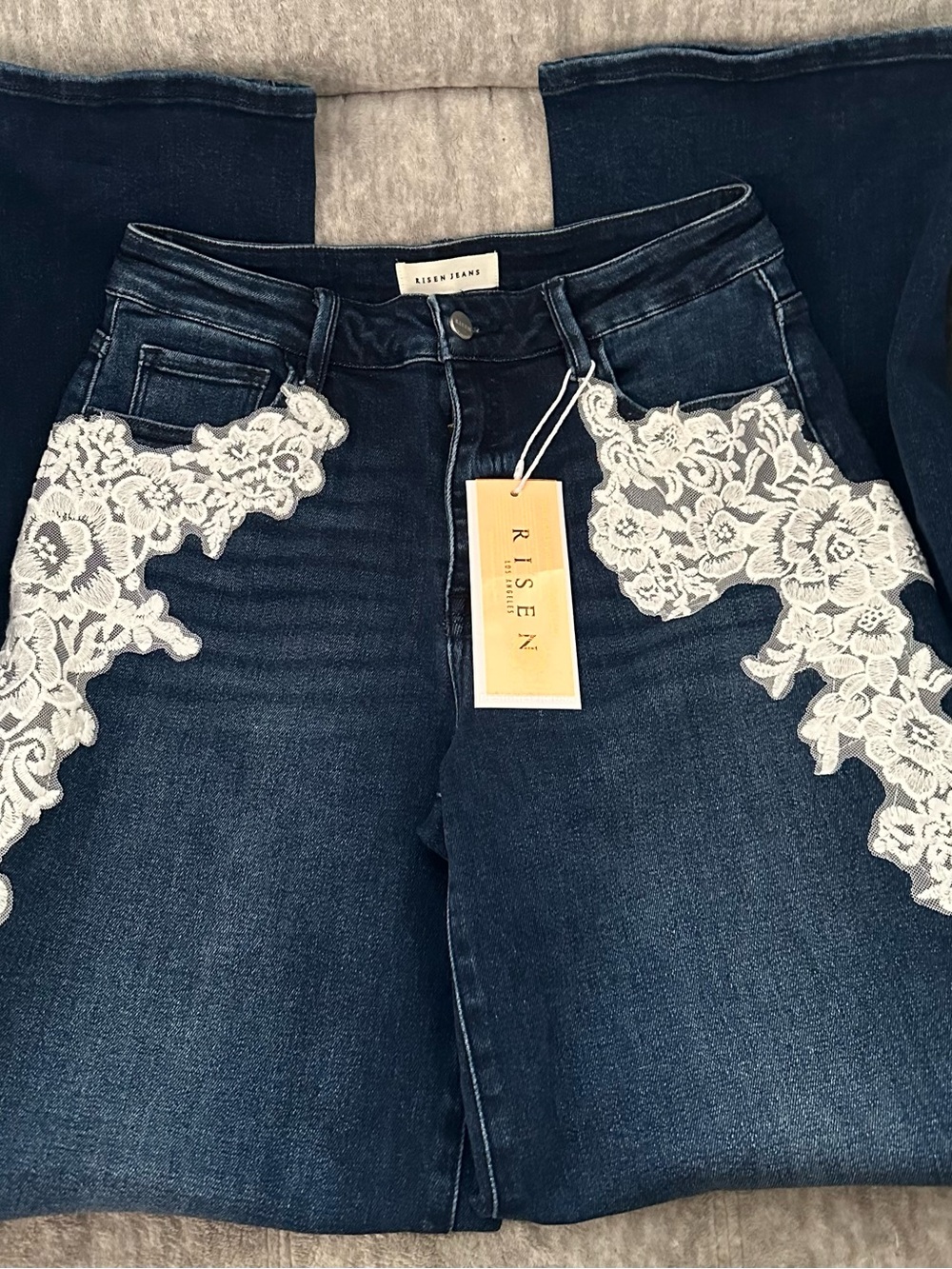 NWT Risen Women's Dark Blue Denim Jeans with White Lace Accent Size 11/30